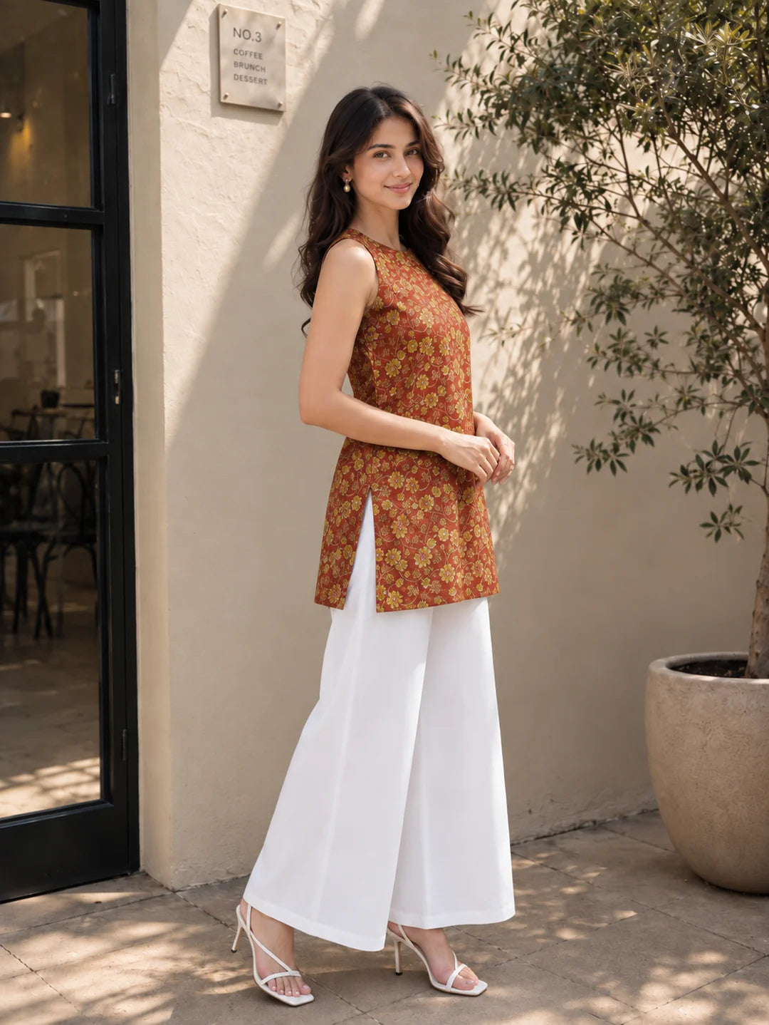 Coral Halter Neck Cotton Kurti with Floral Block Print