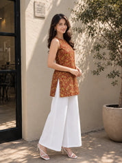 Coral Halter Neck Cotton Kurti with Floral Block Print