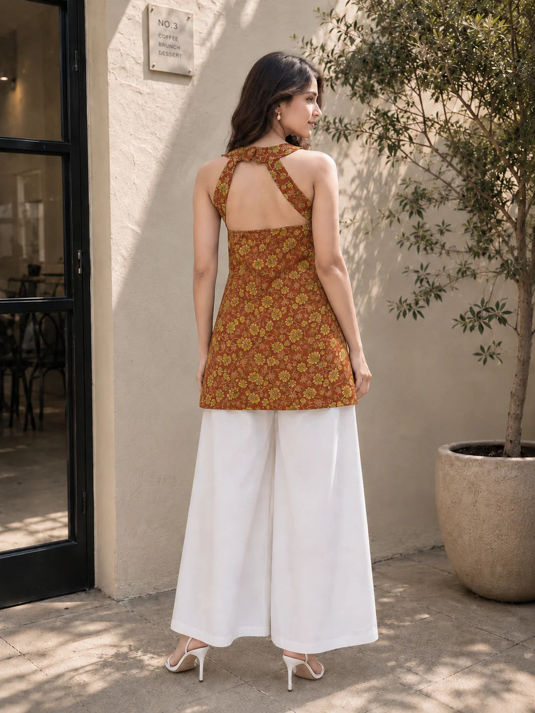 Coral Halter Neck Cotton Kurti with Floral Block Print