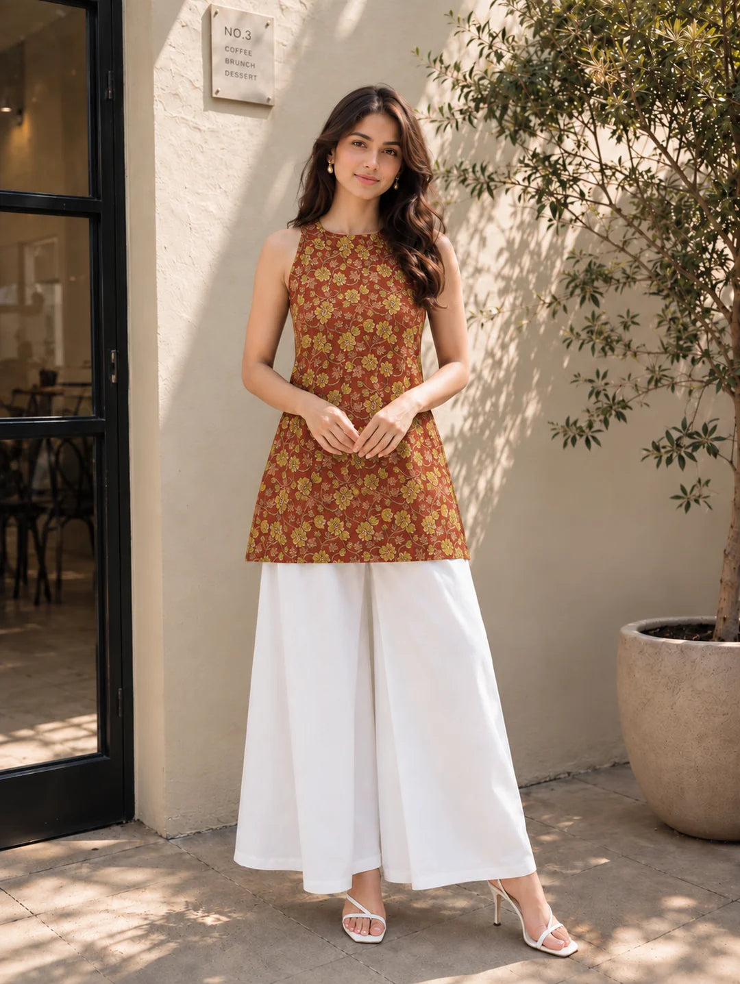 Coral Halter Neck Cotton Kurti with Floral Block Print