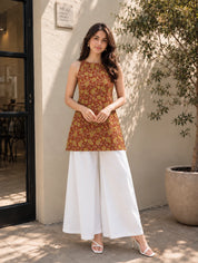 Coral Halter Neck Cotton Kurti with Floral Block Print