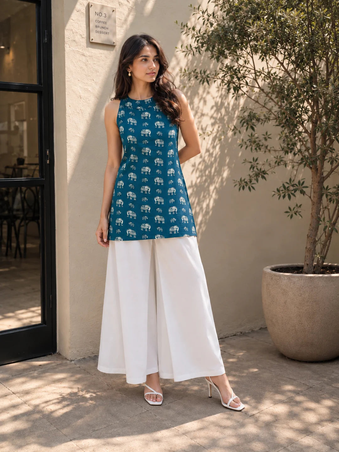 Blue Halter Neck Cotton Kurti with Elephant Block Print