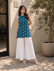 Blue Halter Neck Cotton Kurti with Elephant Block Print