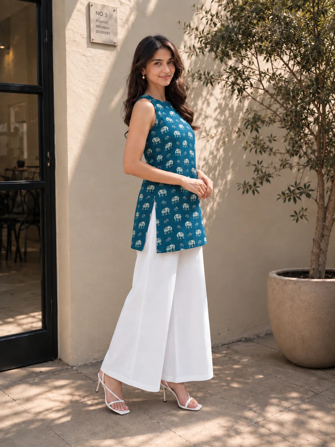 Blue Halter Neck Cotton Kurti with Elephant Block Print