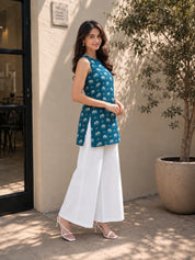 Blue Halter Neck Cotton Kurti with Elephant Block Print