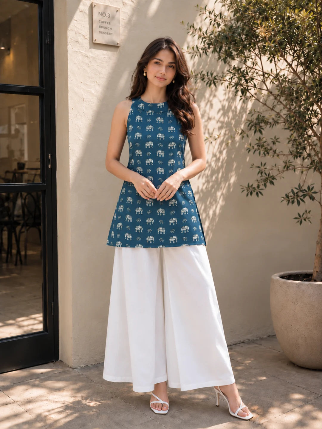 Blue Halter Neck Cotton Kurti with Elephant Block Print