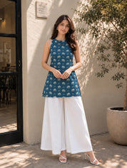 Blue Halter Neck Cotton Kurti with Elephant Block Print