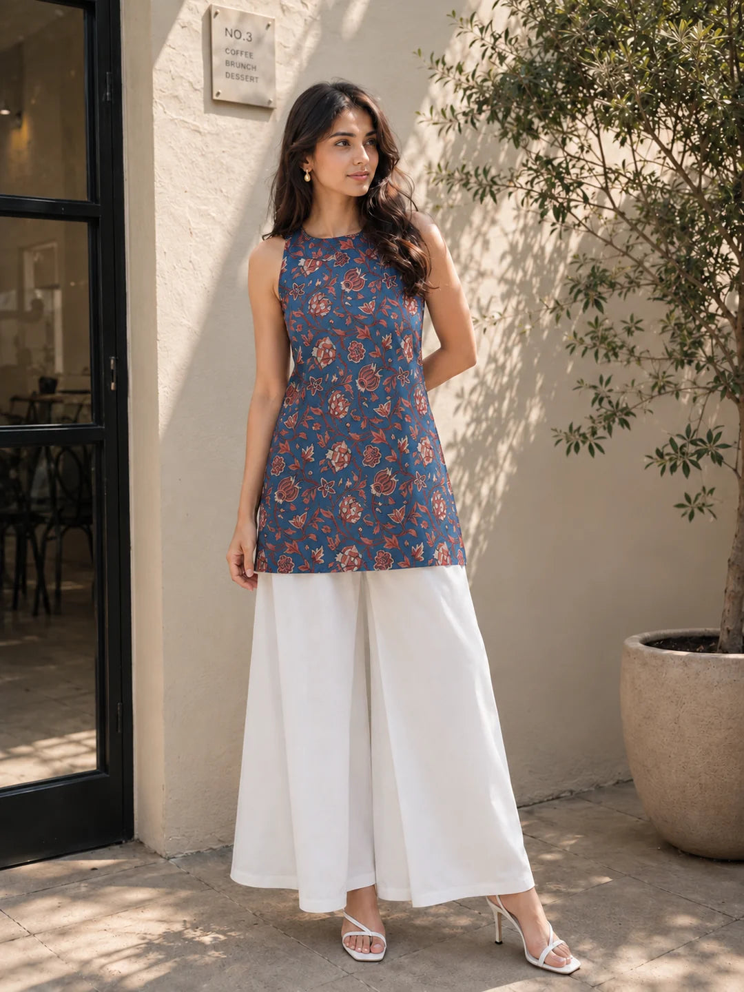 Deep Blue Halter Neck Cotton Kurti with Floral Block Print