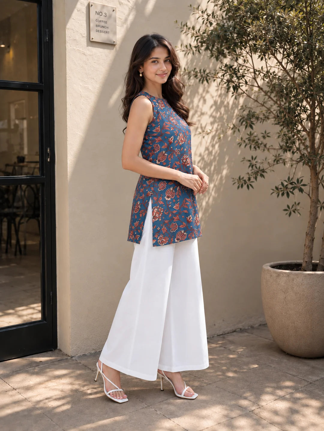 Deep Blue Halter Neck Cotton Kurti with Floral Block Print