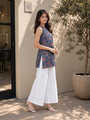 Deep Blue Halter Neck Cotton Kurti with Floral Block Print