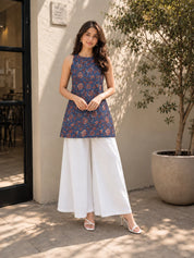 Deep Blue Halter Neck Cotton Kurti with Floral Block Print