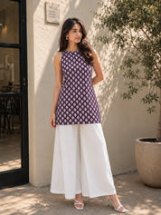 Purple Halter Neck Cotton Kurti with White Flower Block Print