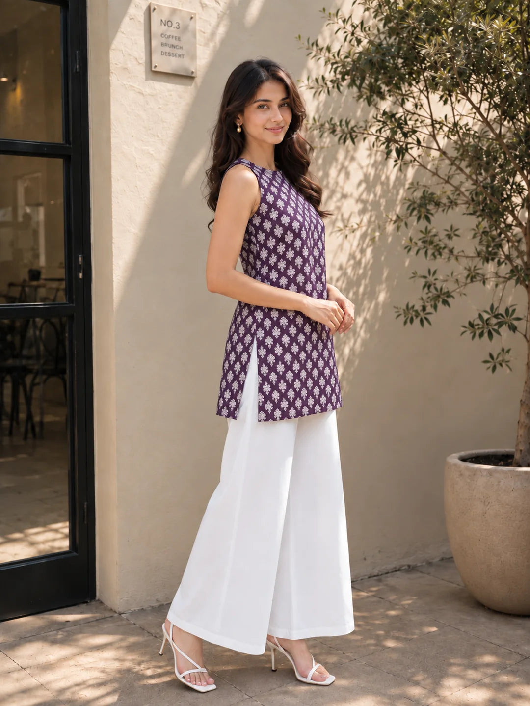 Purple Halter Neck Cotton Kurti with White Flower Block Print