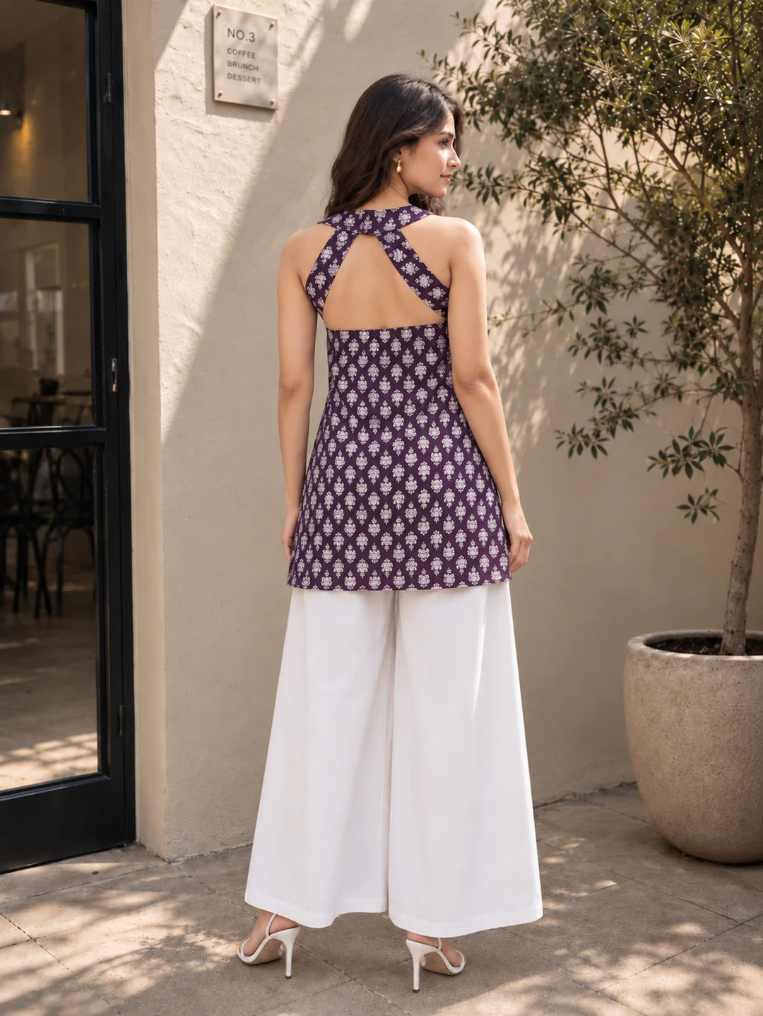 Purple Halter Neck Cotton Kurti with White Flower Block Print