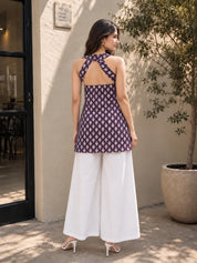 Purple Halter Neck Cotton Kurti with White Flower Block Print