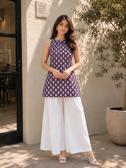 Purple Halter Neck Cotton Kurti with White Flower Block Print