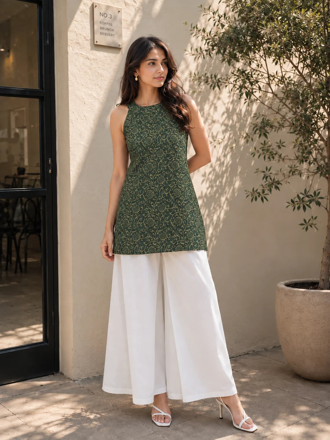 Forest Green Halter Neck Cotton Kurti with Backless Detail