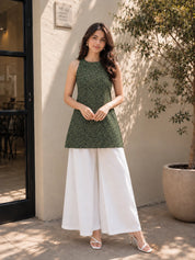 Forest Green Halter Neck Cotton Kurti with Backless Detail