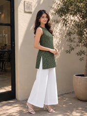 Forest Green Halter Neck Cotton Kurti with Backless Detail