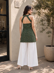 Forest Green Halter Neck Cotton Kurti with Backless Detail