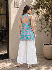 Light Blue Halter Neck Cotton Kurti with Backless Detail