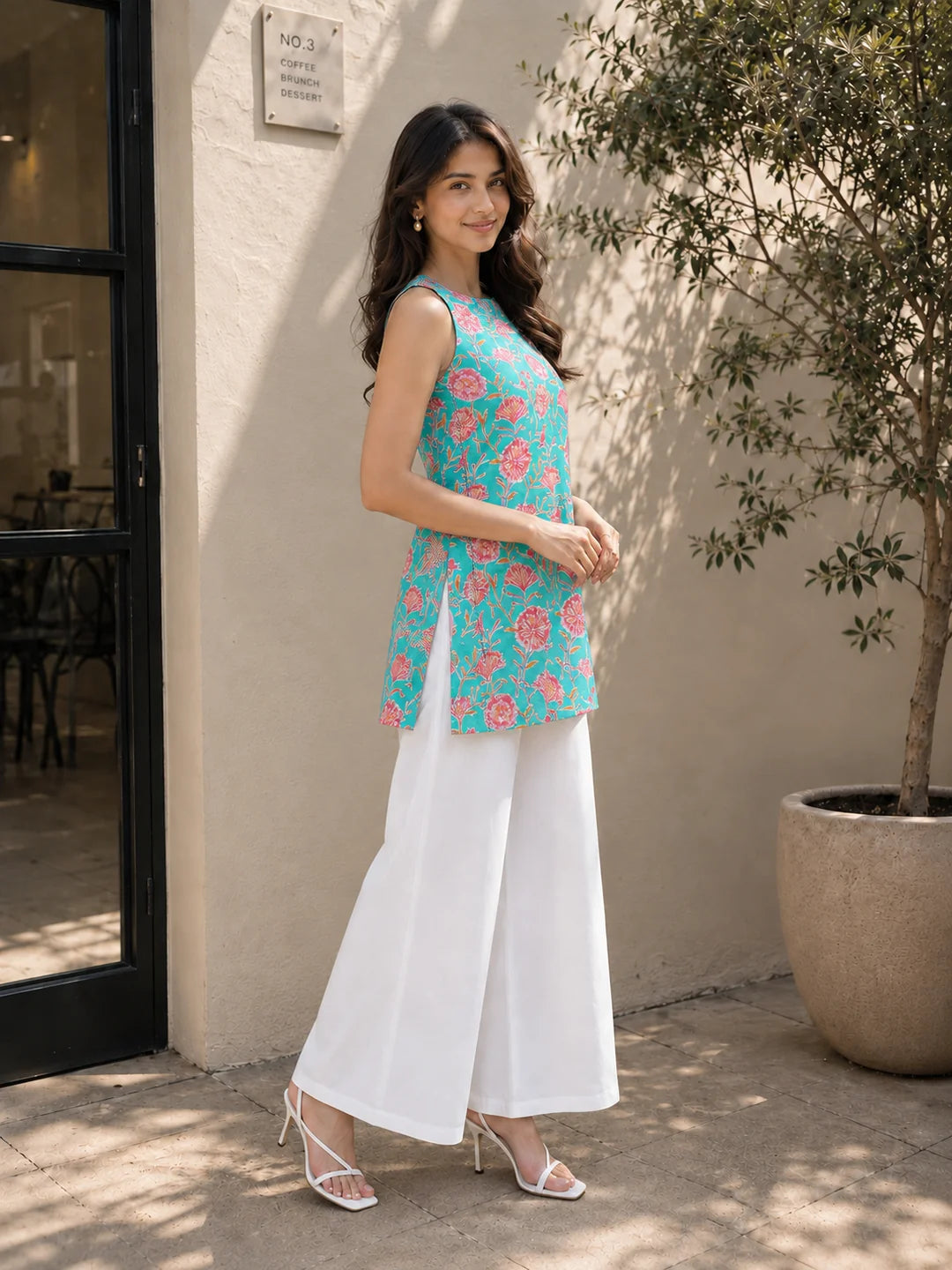 Light Blue Halter Neck Cotton Kurti with Backless Detail