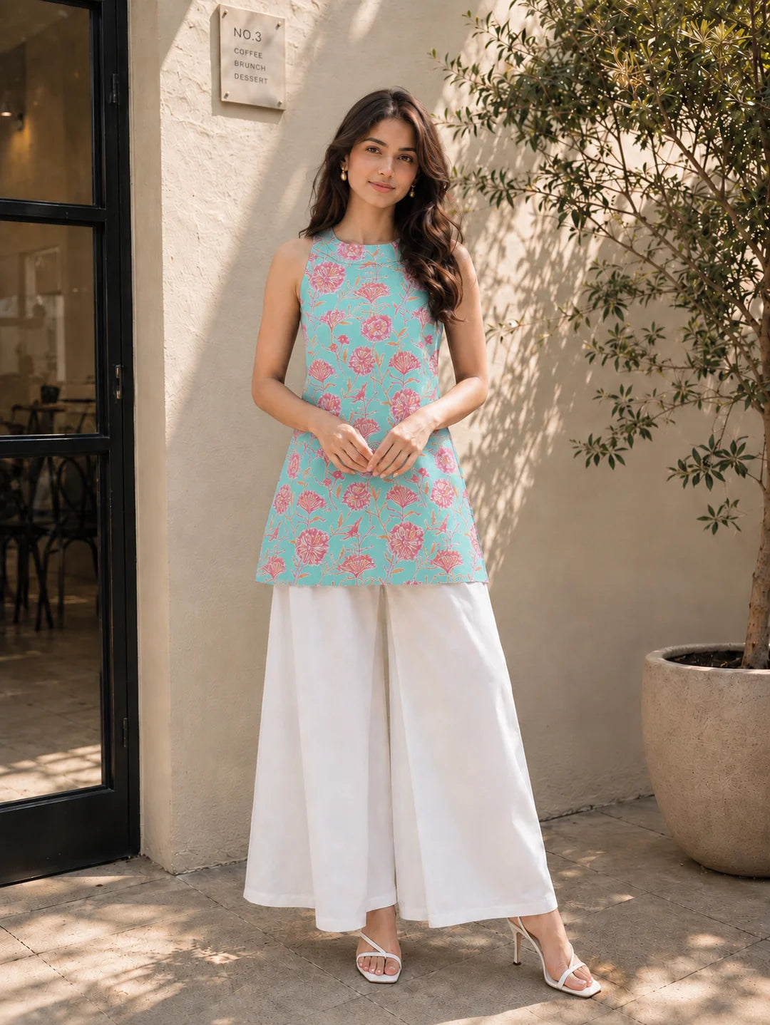 Light Blue Halter Neck Cotton Kurti with Backless Detail