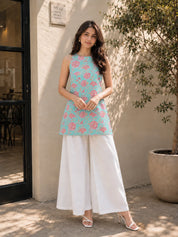 Light Blue Halter Neck Cotton Kurti with Backless Detail