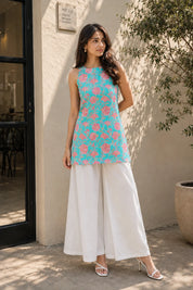 Light Blue Halter Neck Cotton Kurti with Backless Detail