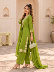Lime Green Scallop Neck Kurta Set with Floral Appliqué and Dupatta in Cotton