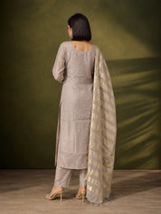 Taupe Embellished V-Neck Kurta Set with Matching Dupatta in Surat Chanderi
