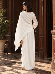 Ivory Floral Appliqué Poncho 3-Piece Co-Ord Set with Draped Skirt in Muslin
