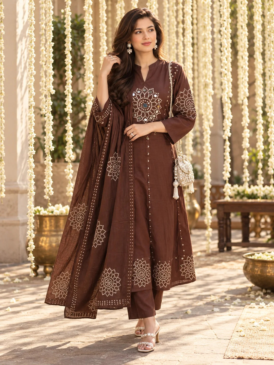 Brown Anarkali Style Kurta Set with Dupatta and Mirror Work in Cotton