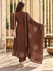 Brown Anarkali Style Kurta Set with Dupatta and Mirror Work in Cotton