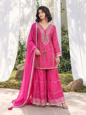 Pink V-Neck Sharara Set with Gota Patti, Mirror Work and Chiffon Dupatta in Bemberg Muslin