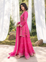 Pink V-Neck Sharara Set with Gota Patti, Mirror Work and Chiffon Dupatta in Bemberg Muslin
