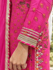 Pink V-Neck Sharara Set with Gota Patti, Mirror Work and Chiffon Dupatta in Bemberg Muslin