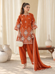 Orange & White Floral Cutwork Kurta Set with Dupatta in Cotton