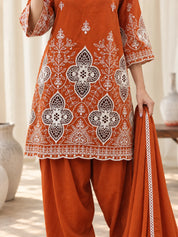 Orange & White Floral Cutwork Kurta Set with Dupatta in Cotton