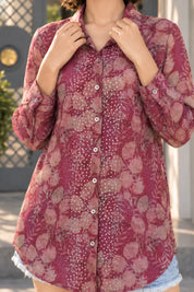 Fuchsia Pink Printed Rhinestone Detail  Viscose Shirt