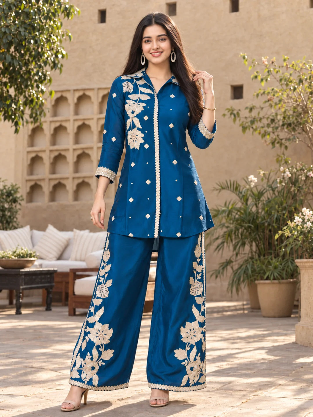 Peacock Blue Floral Embroidered Chinon Co-ord Set