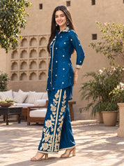 Peacock Blue Floral Embroidered Chinon Co-ord Set