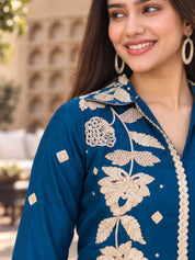 Peacock Blue Floral Embroidered Chinon Co-ord Set
