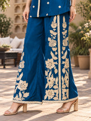 Peacock Blue Floral Embroidered Chinon Co-ord Set