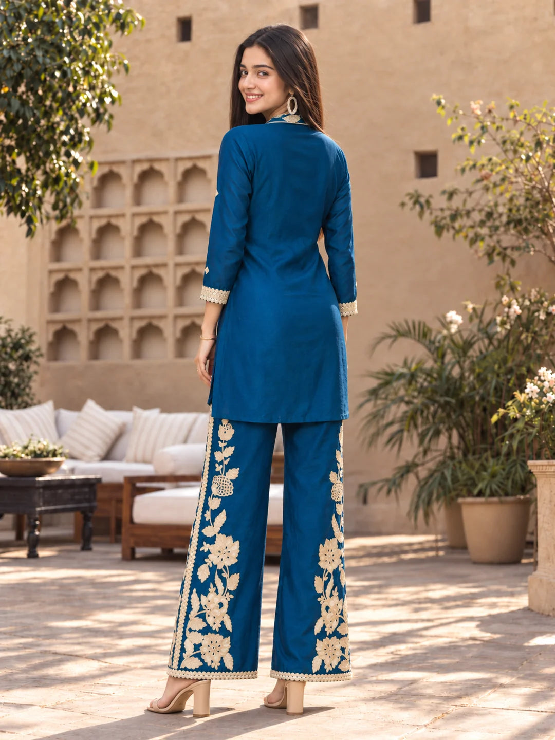 Peacock Blue Floral Embroidered Chinon Co-ord Set