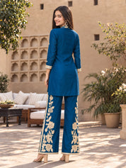 Peacock Blue Floral Embroidered Chinon Co-ord Set