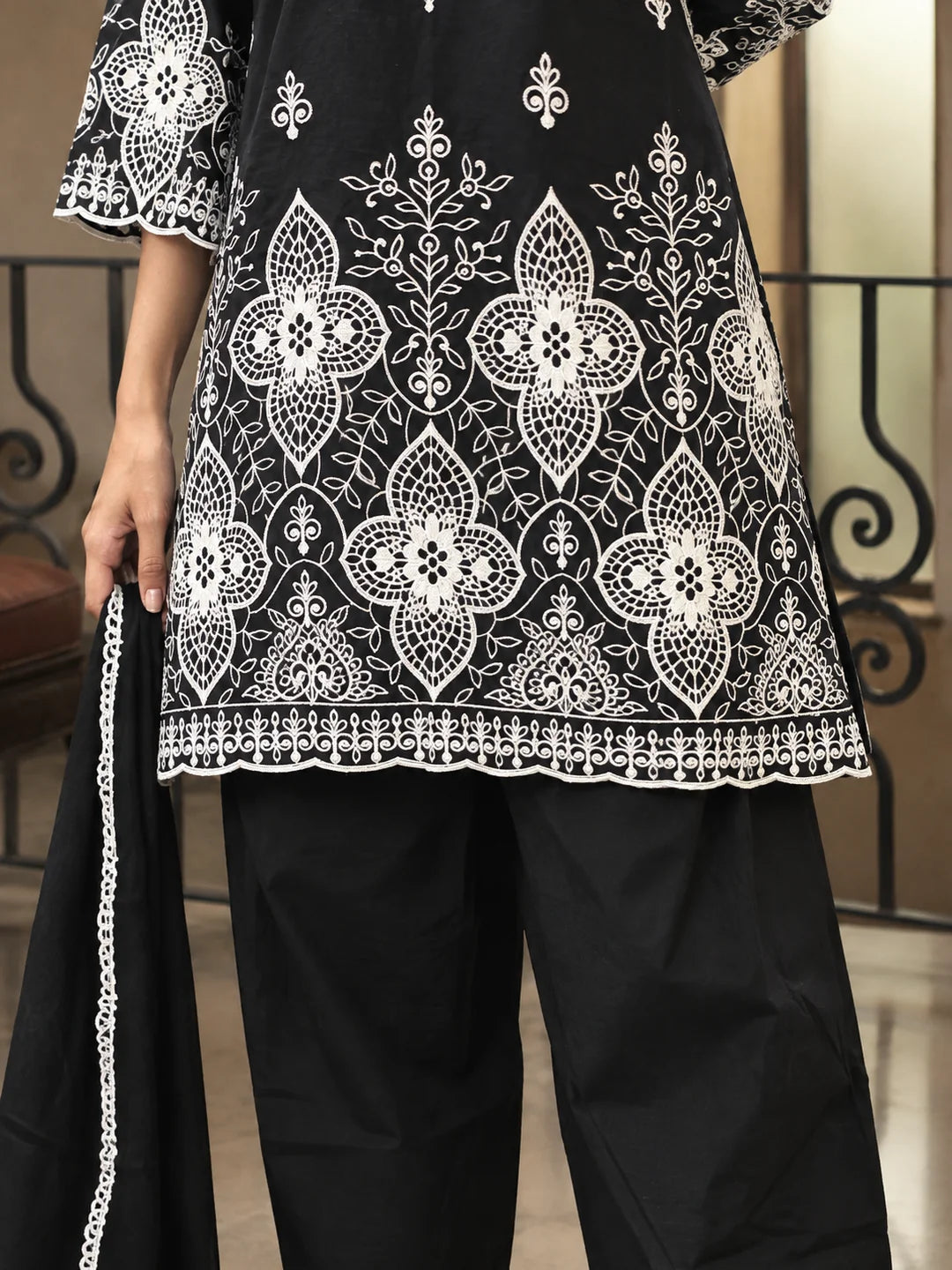 Black & White Floral Cutwork A-Line Kurta Set with Farsi Pants & Dupatta in Cotton