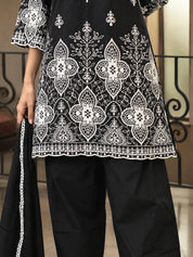 Black & White Floral Cutwork A-Line Kurta Set with Farsi Pants & Dupatta in Cotton