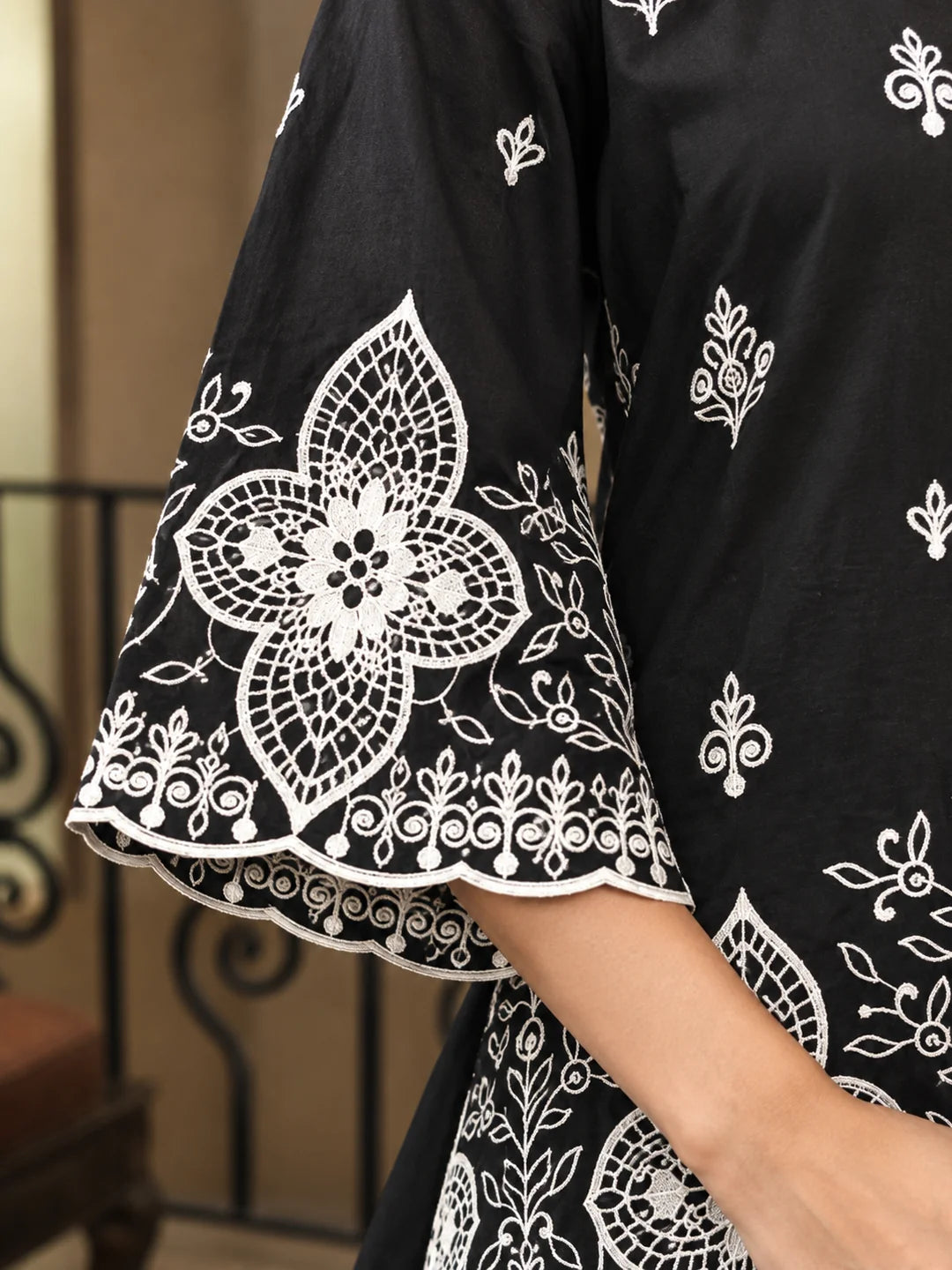 Black & White Floral Cutwork A-Line Kurta Set with Farsi Pants & Dupatta in Cotton