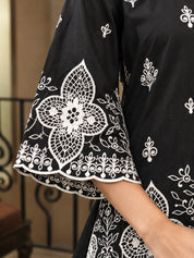 Black & White Floral Cutwork A-Line Kurta Set with Farsi Pants & Dupatta in Cotton